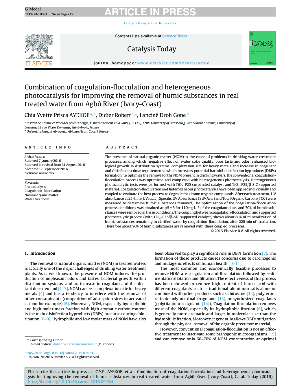 Combination of coagulation-flocculation and heterogeneous photocatalysis for improving the removal of humic substances in real treated water from AgbÃ´ River (Ivory-Coast)