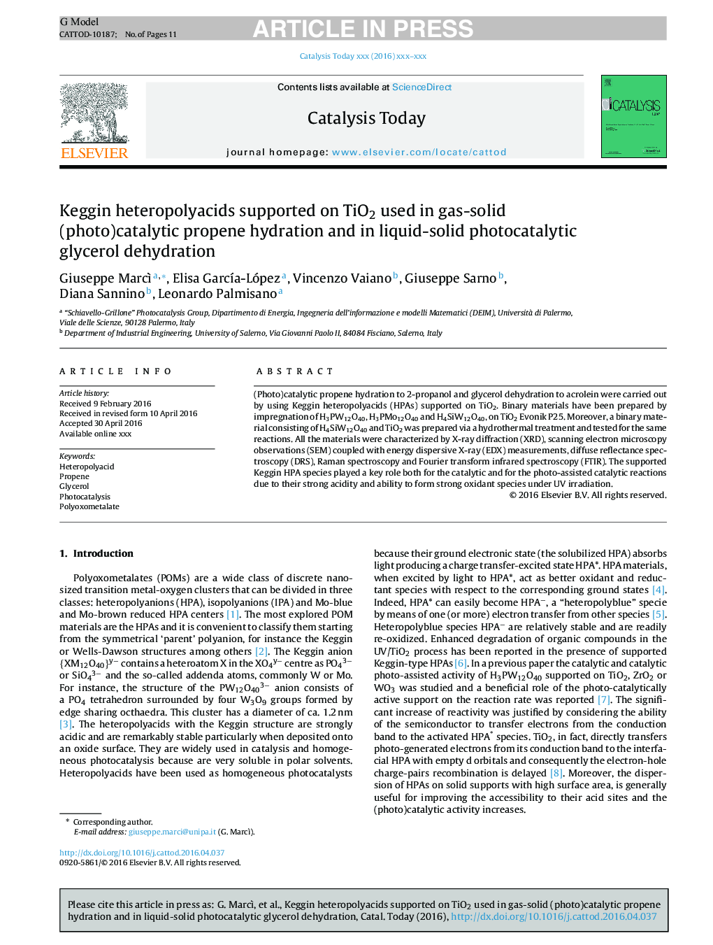 Keggin heteropolyacids supported on TiO2 used in gas-solid (photo)catalytic propene hydration and in liquid-solid photocatalytic glycerol dehydration