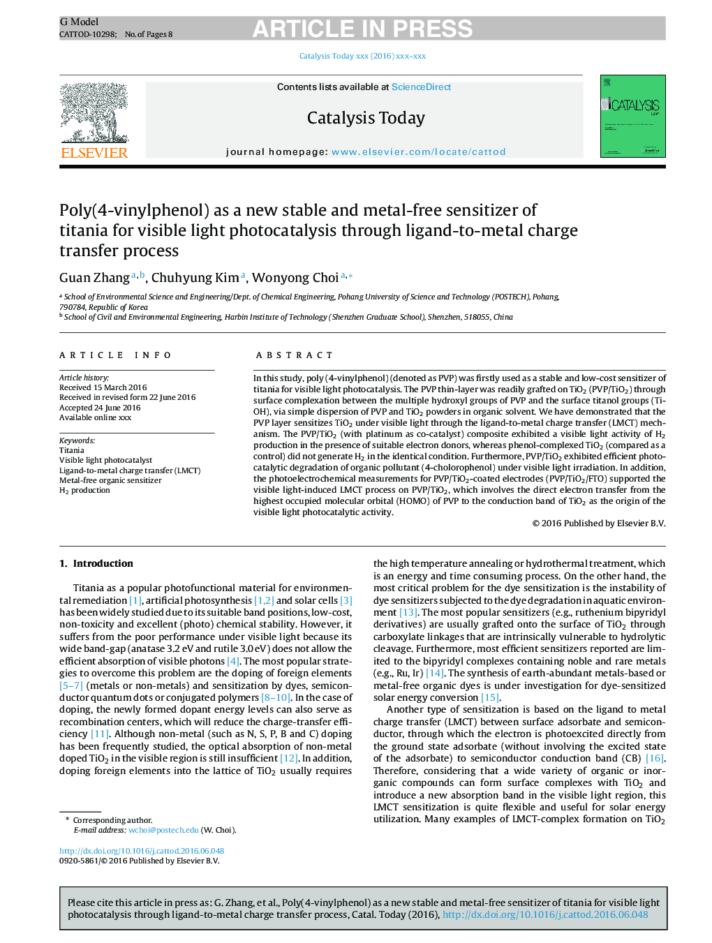 Poly(4-vinylphenol) as a new stable and metal-free sensitizer of titania for visible light photocatalysis through ligand-to-metal charge transfer process