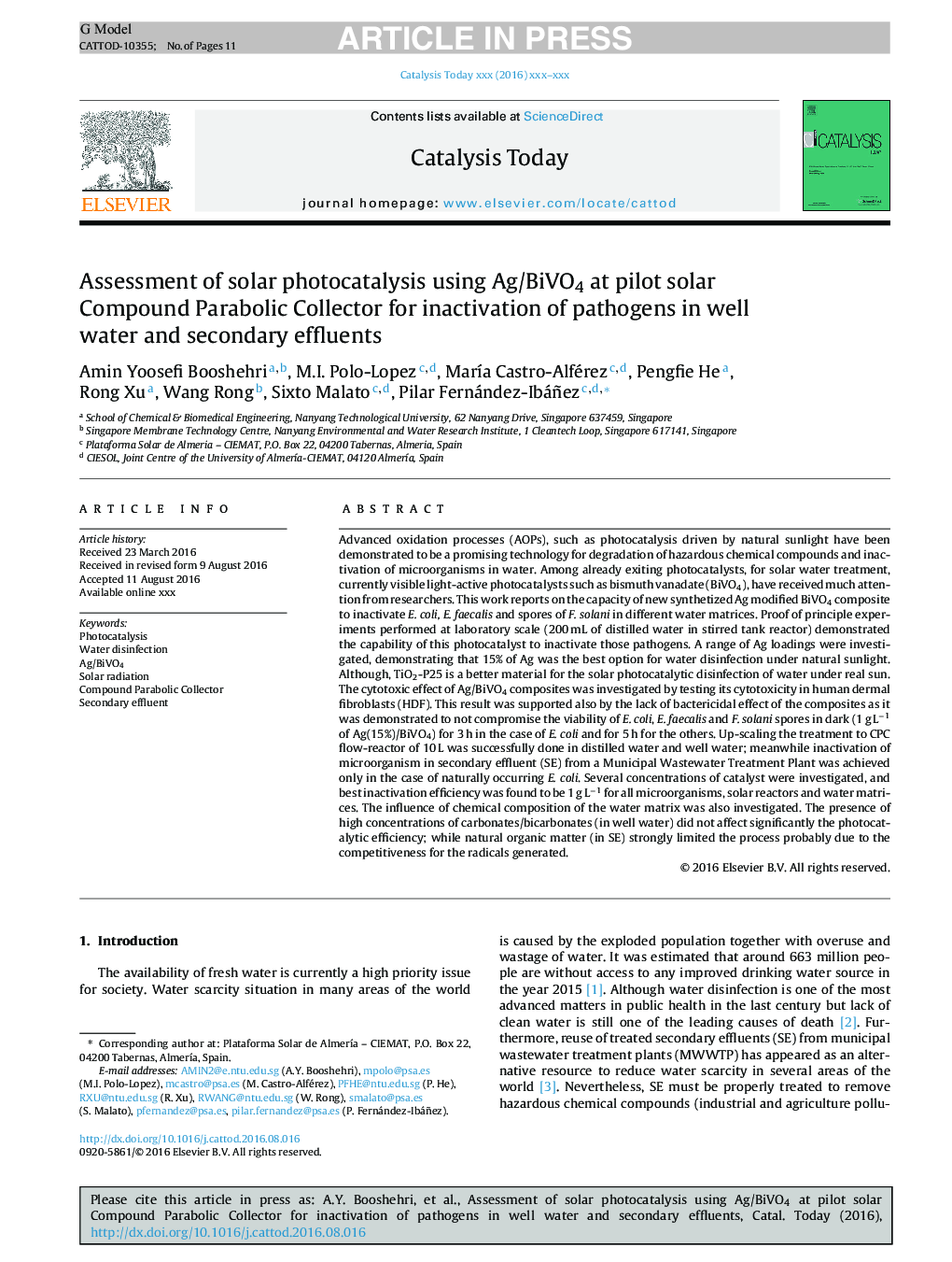 Assessment of solar photocatalysis using Ag/BiVO4 at pilot solar Compound Parabolic Collector for inactivation of pathogens in well water and secondary effluents