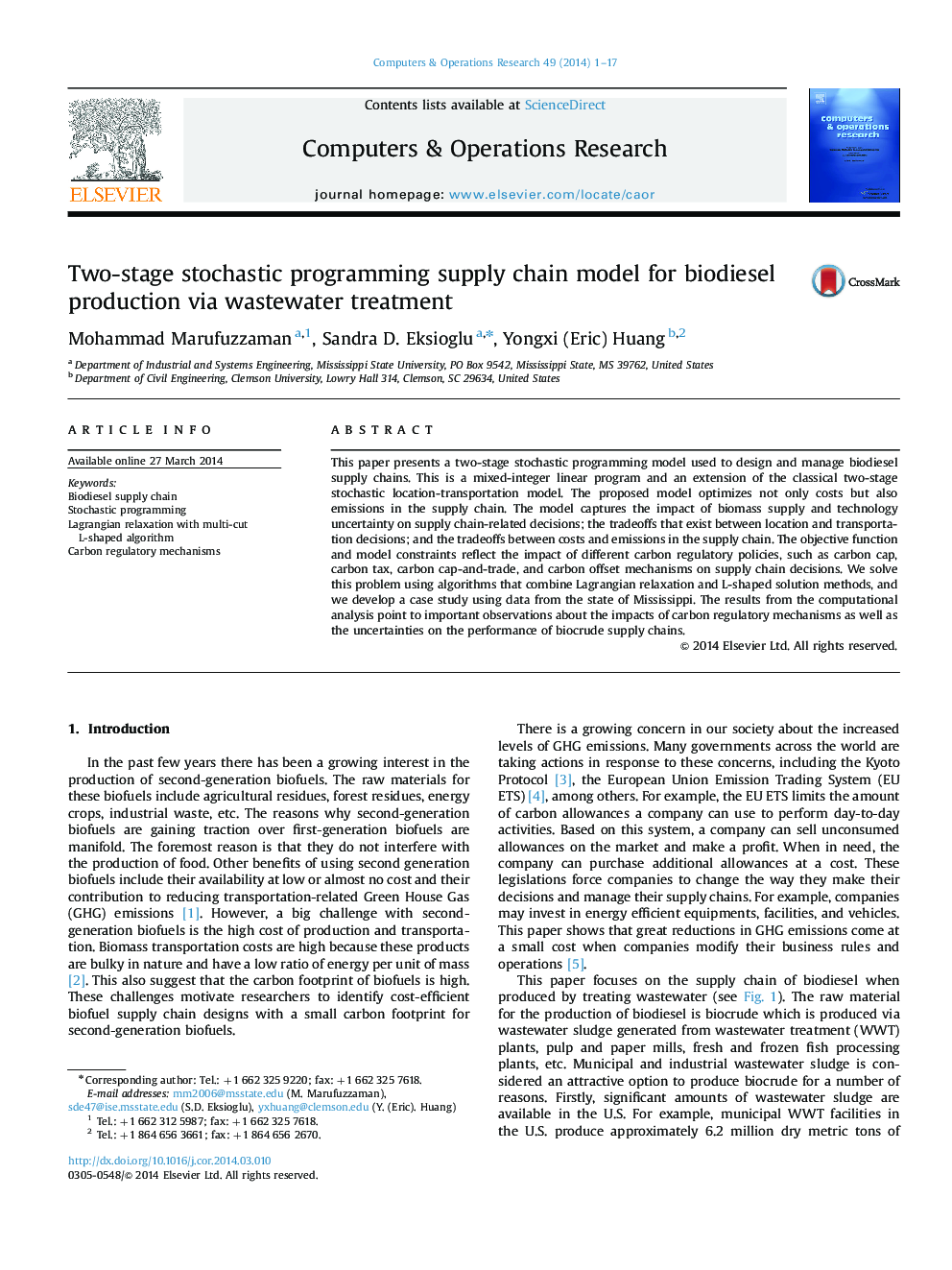 Two-stage stochastic programming supply chain model for biodiesel production via wastewater treatment