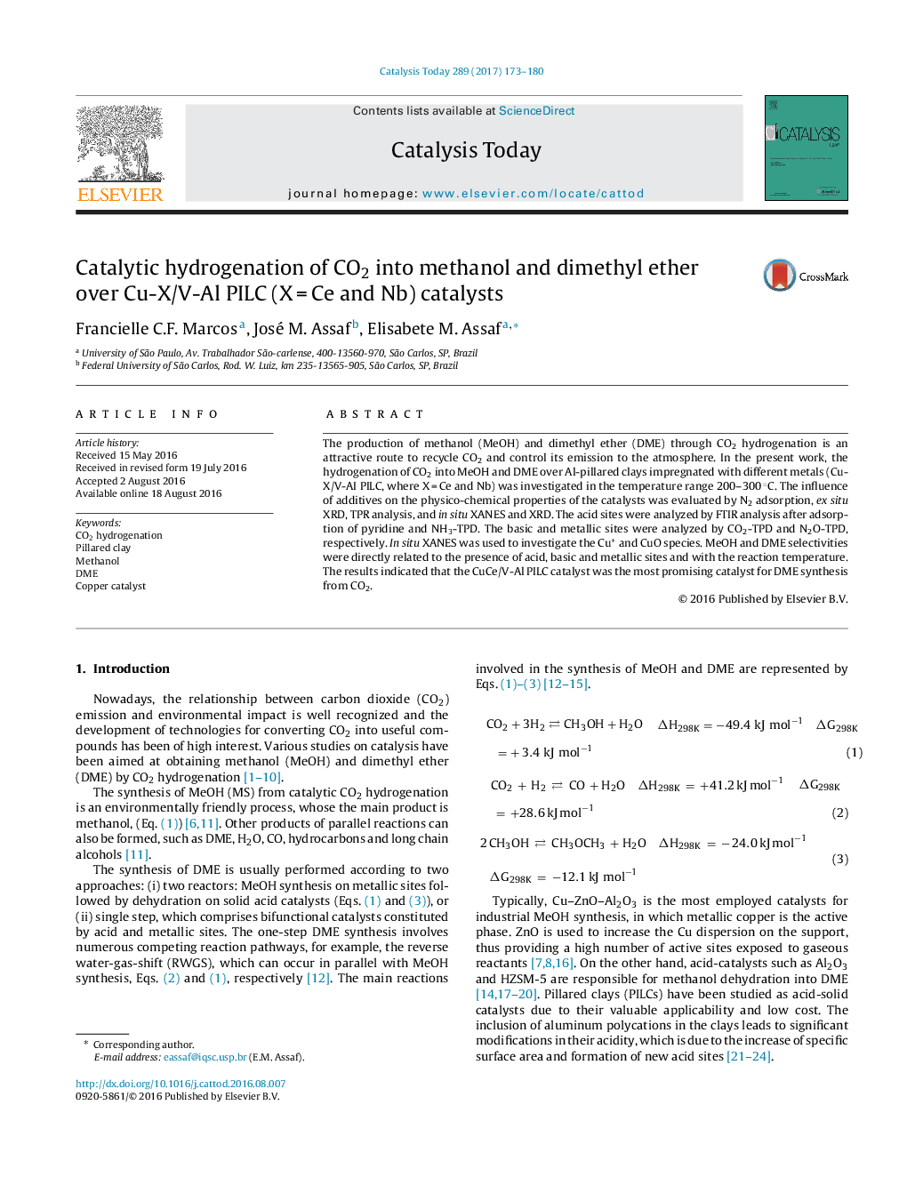 Catalytic hydrogenation of CO2 into methanol and dimethyl ether over Cu-X/V-Al PILC (XÂ =Â Ce and Nb) catalysts