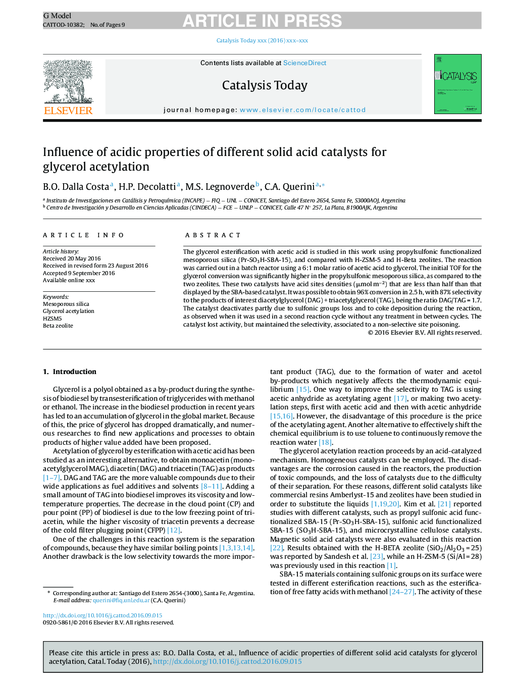 Influence of acidic properties of different solid acid catalysts for glycerol acetylation