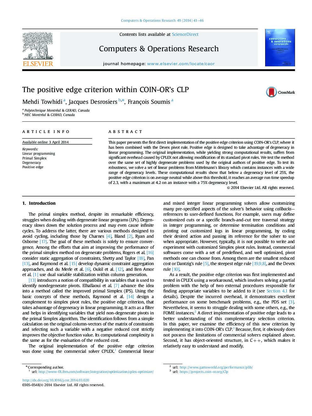 The positive edge criterion within COIN-OR׳s CLP