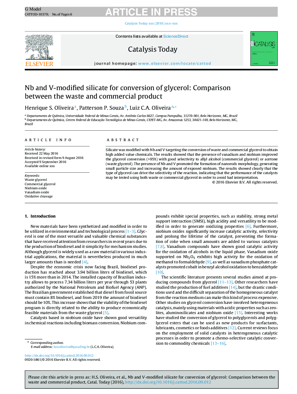 Nb and V-modified silicate for conversion of glycerol: Comparison between the waste and commercial product