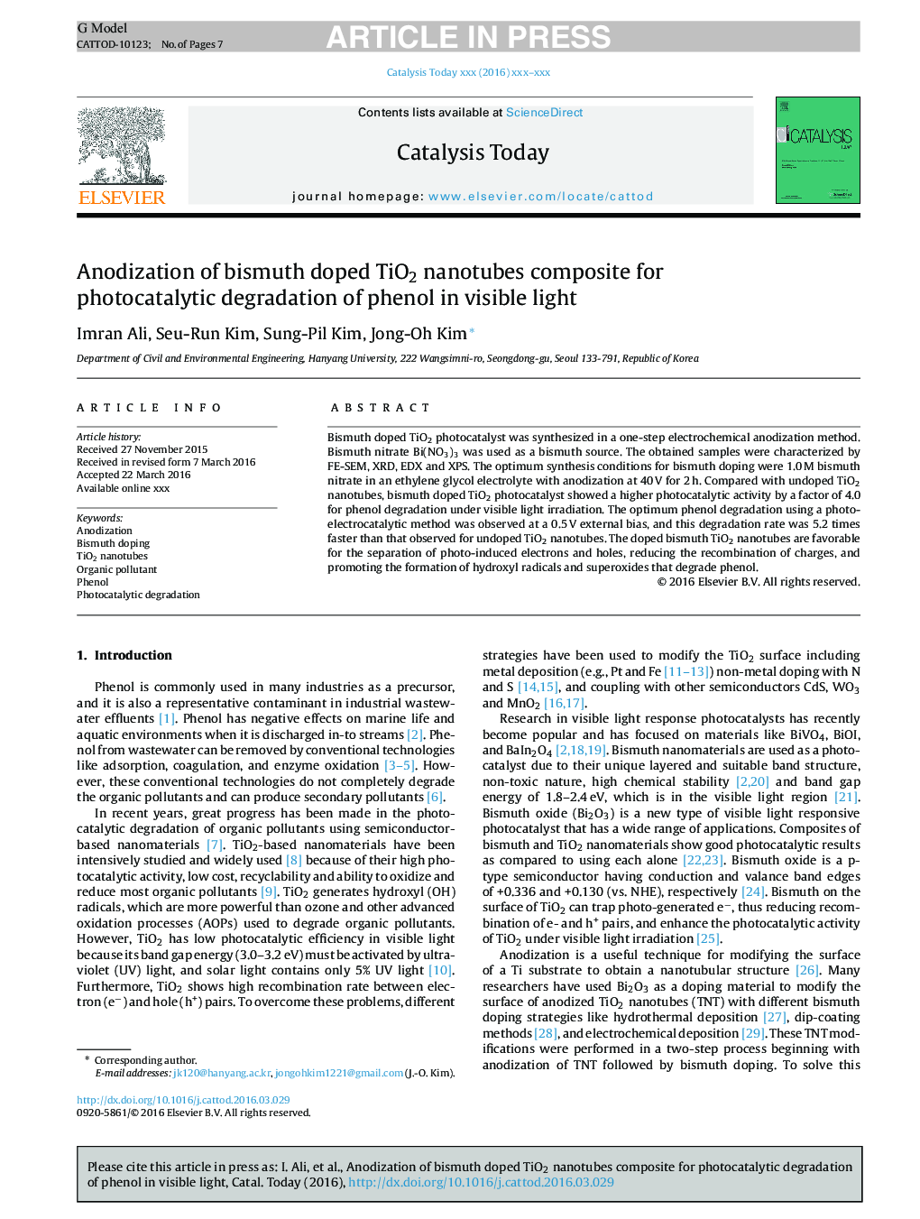 Anodization of bismuth doped TiO2 nanotubes composite for photocatalytic degradation of phenol in visible light