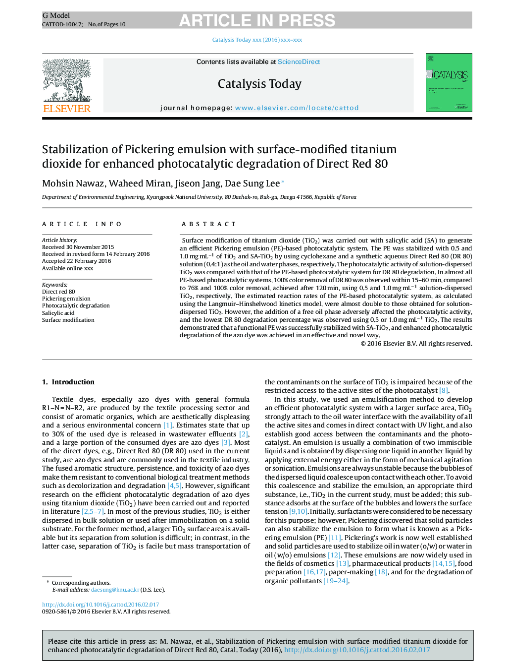 Stabilization of Pickering emulsion with surface-modified titanium dioxide for enhanced photocatalytic degradation of Direct Red 80