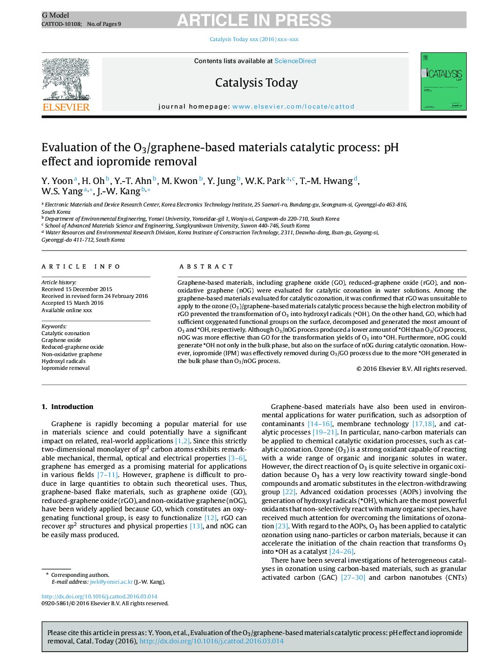 Evaluation of the O3/graphene-based materials catalytic process: pH effect and iopromide removal