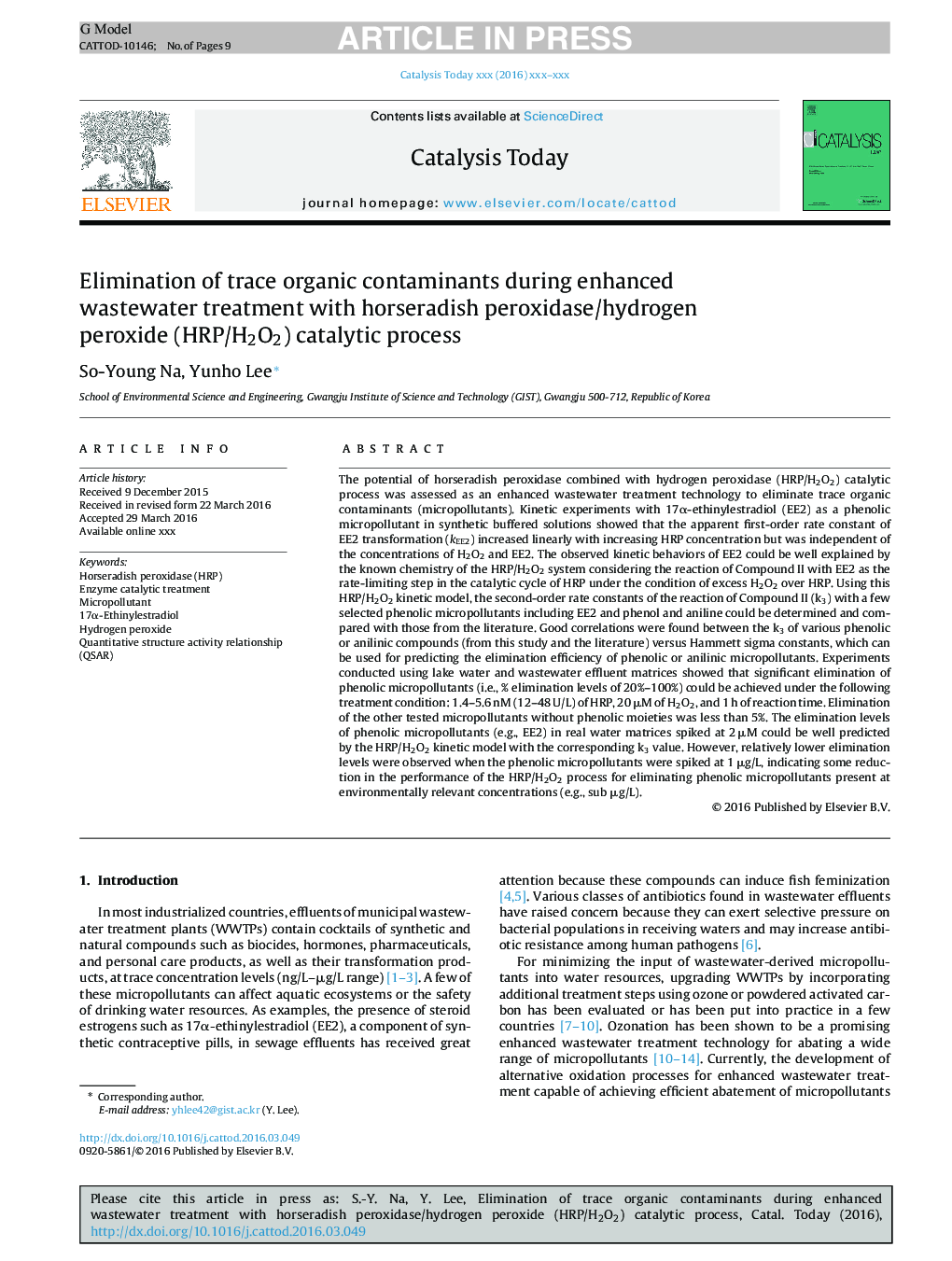 Elimination of trace organic contaminants during enhanced wastewater treatment with horseradish peroxidase/hydrogen peroxide (HRP/H2O2) catalytic process