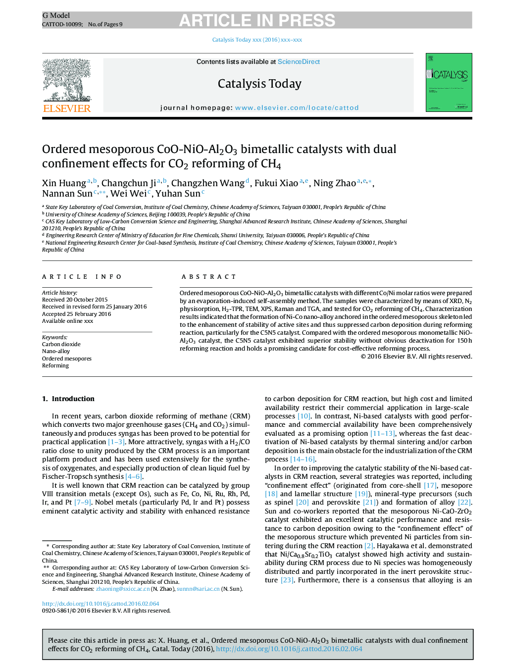 عکس صفحه اول مقاله: Ordered mesoporous CoO-NiO-Al2O3 bimetallic catalysts with dual confinement effects for CO2 reforming of CH4 Ordered mesoporous CoO-NiO-Al2O3 bimetallic catalysts with dual confinement effects for CO2 reforming of CH4