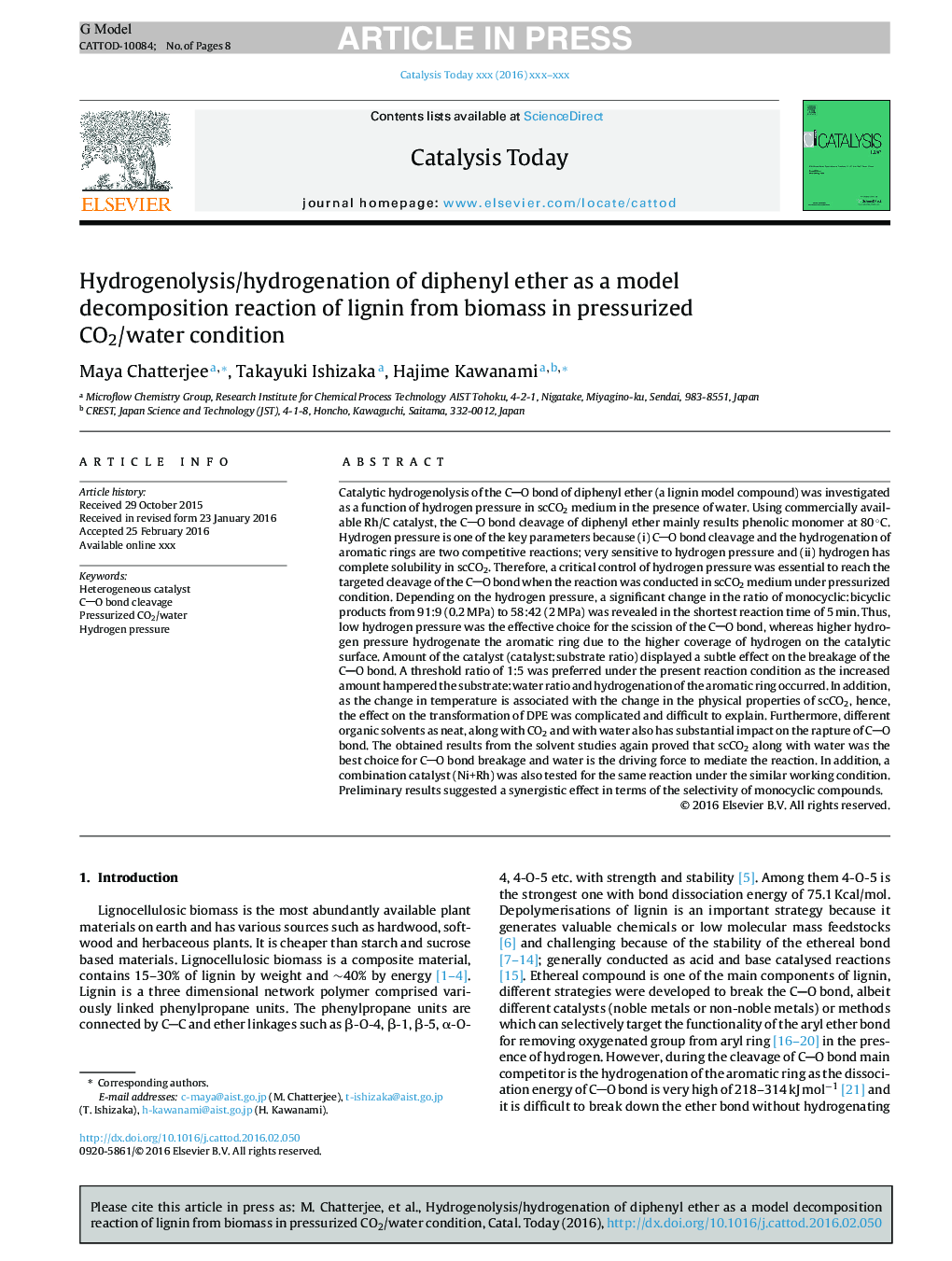 Hydrogenolysis/hydrogenation of diphenyl ether as a model decomposition reaction of lignin from biomass in pressurized CO2/water condition