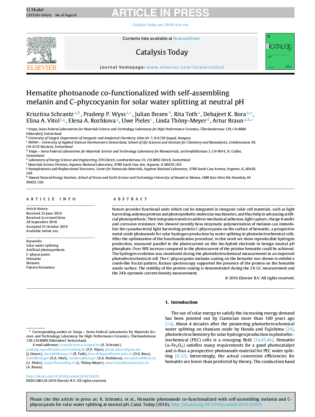 Hematite photoanode co-functionalized with self-assembling melanin and C-phycocyanin for solar water splitting at neutral pH