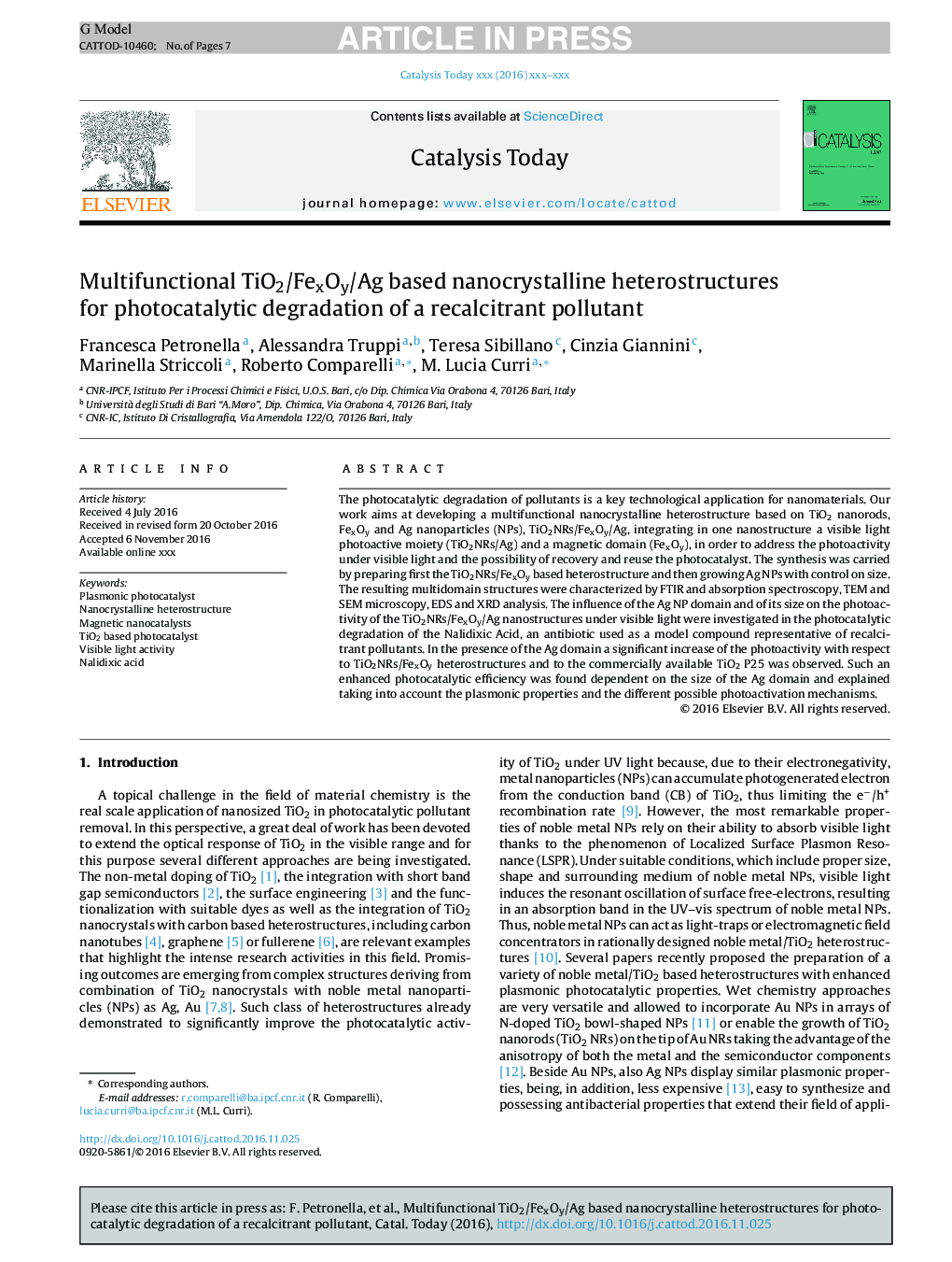 Multifunctional TiO2/FexOy/Ag based nanocrystalline heterostructures for photocatalytic degradation of a recalcitrant pollutant