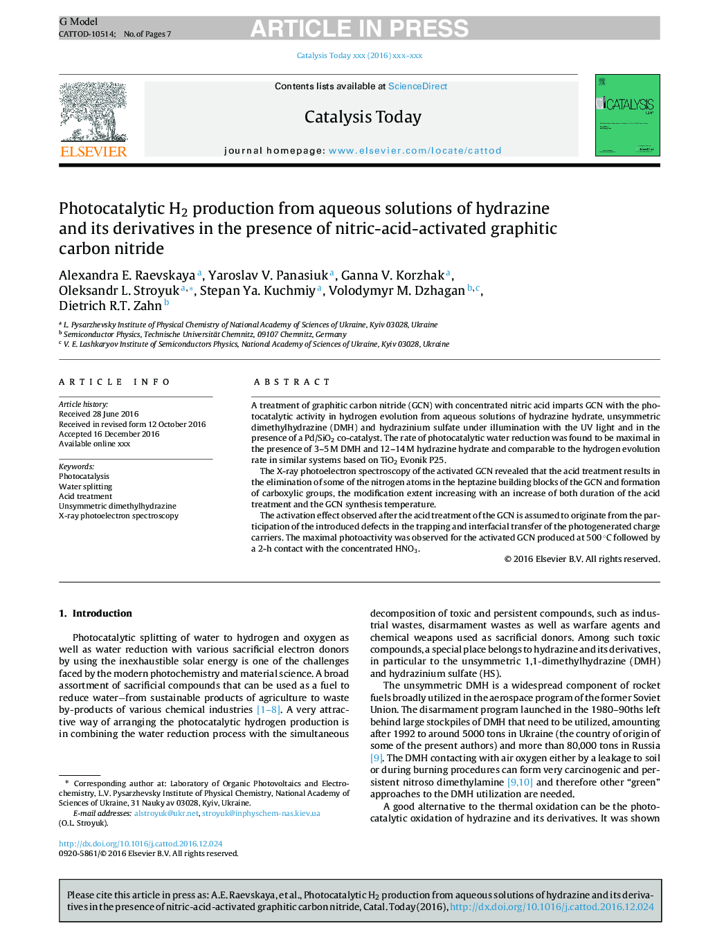 Photocatalytic H2 production from aqueous solutions of hydrazine and its derivatives in the presence of nitric-acid-activated graphitic carbon nitride