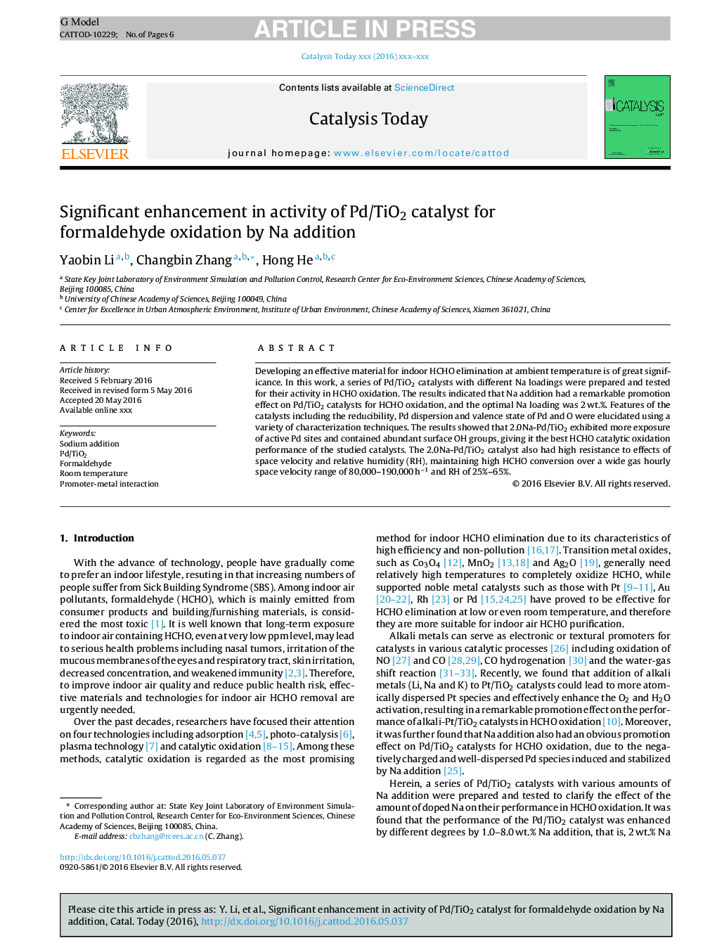 Significant enhancement in activity of Pd/TiO2 catalyst for formaldehyde oxidation by Na addition