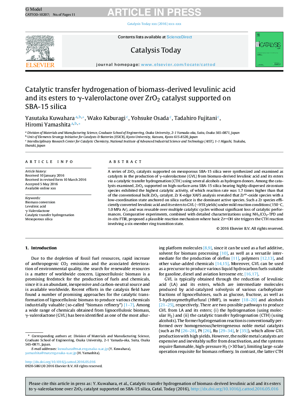 Catalytic transfer hydrogenation of biomass-derived levulinic acid and its esters to Î³-valerolactone over ZrO2 catalyst supported on SBA-15 silica