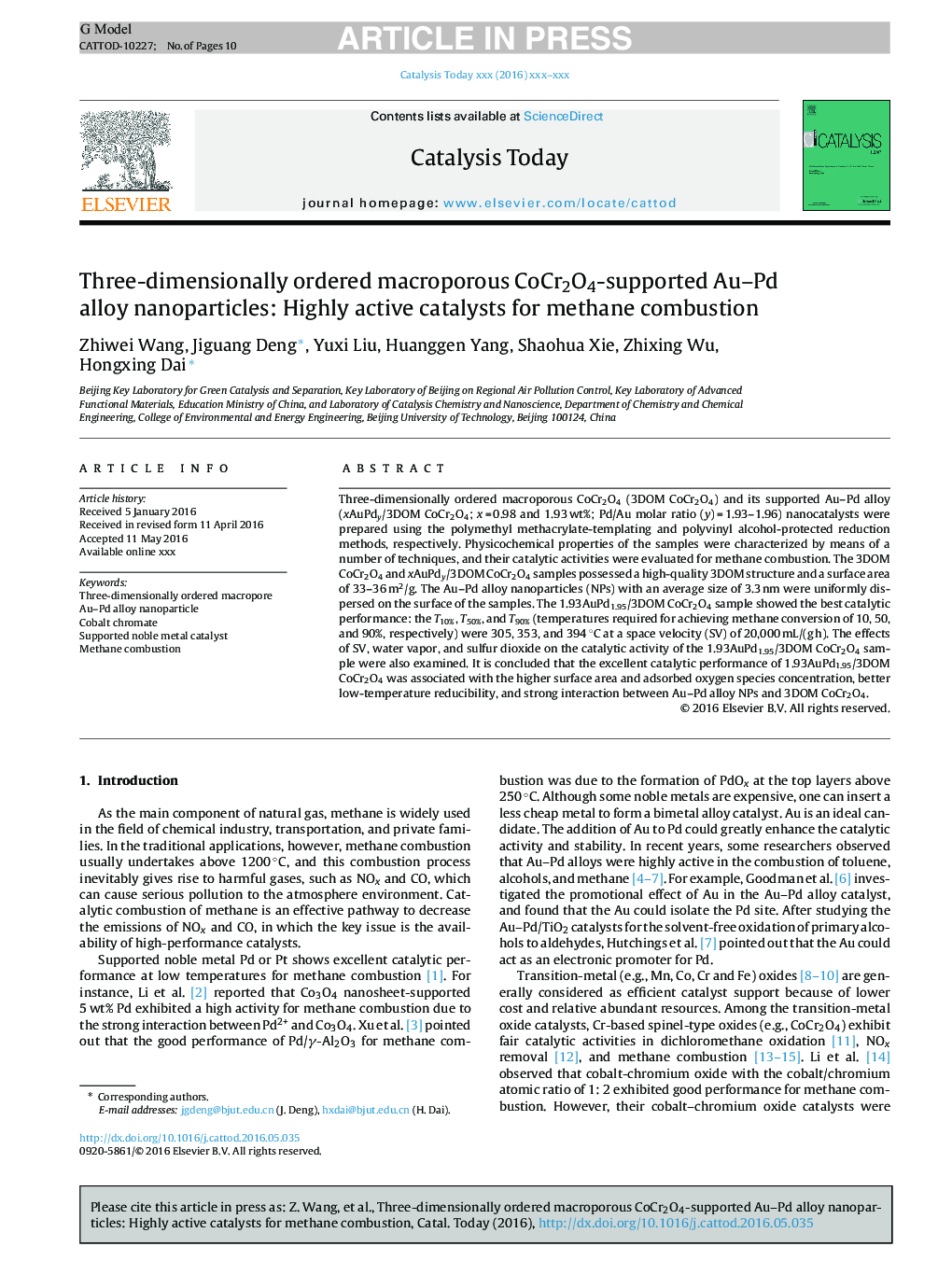 Three-dimensionally ordered macroporous CoCr2O4-supported Au-Pd alloy nanoparticles: Highly active catalysts for methane combustion