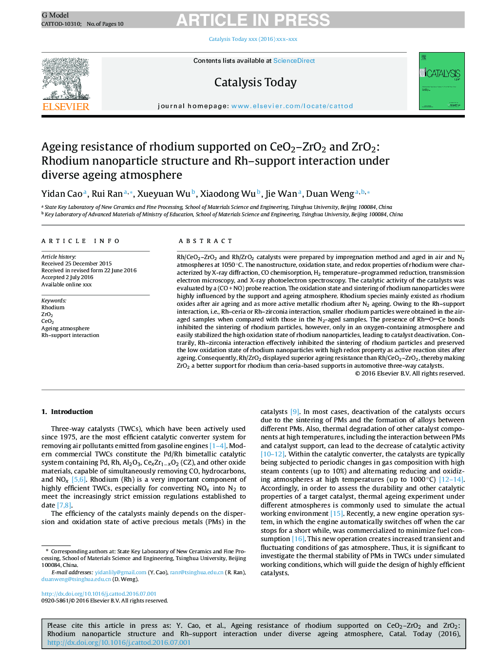 Ageing resistance of rhodium supported on CeO2-ZrO2 and ZrO2: Rhodium nanoparticle structure and Rh-support interaction under diverse ageing atmosphere