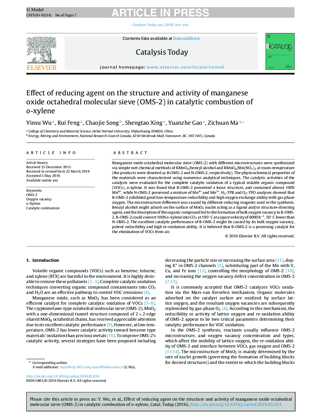 Effect of reducing agent on the structure and activity of manganese oxide octahedral molecular sieve (OMS-2) in catalytic combustion of o-xylene