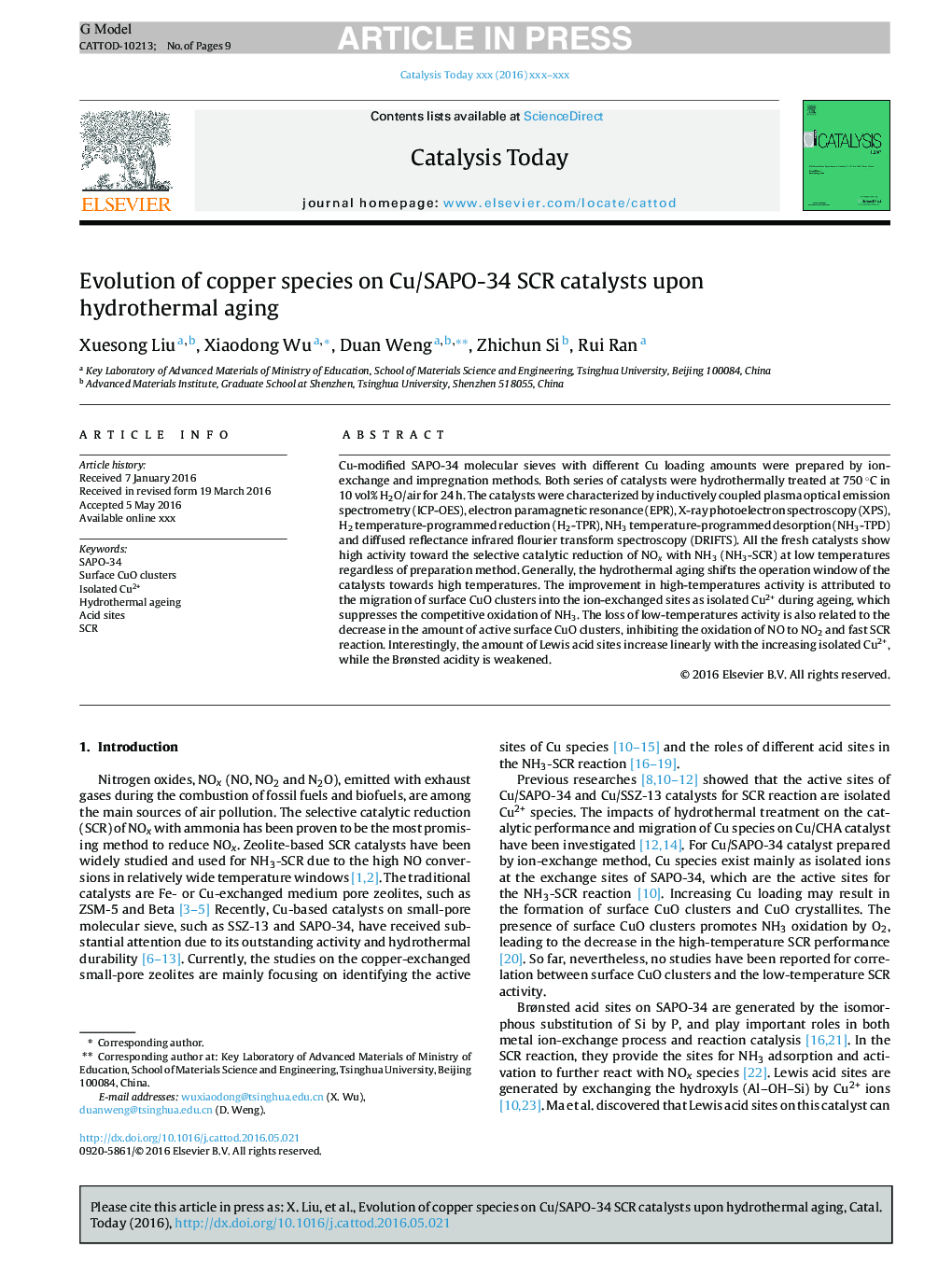 Evolution of copper species on Cu/SAPO-34 SCR catalysts upon hydrothermal aging