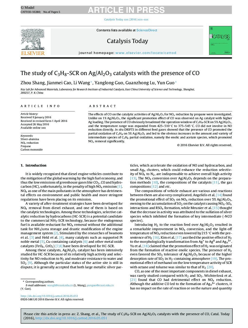 The study of C3H8-SCR on Ag/Al2O3 catalysts with the presence of CO