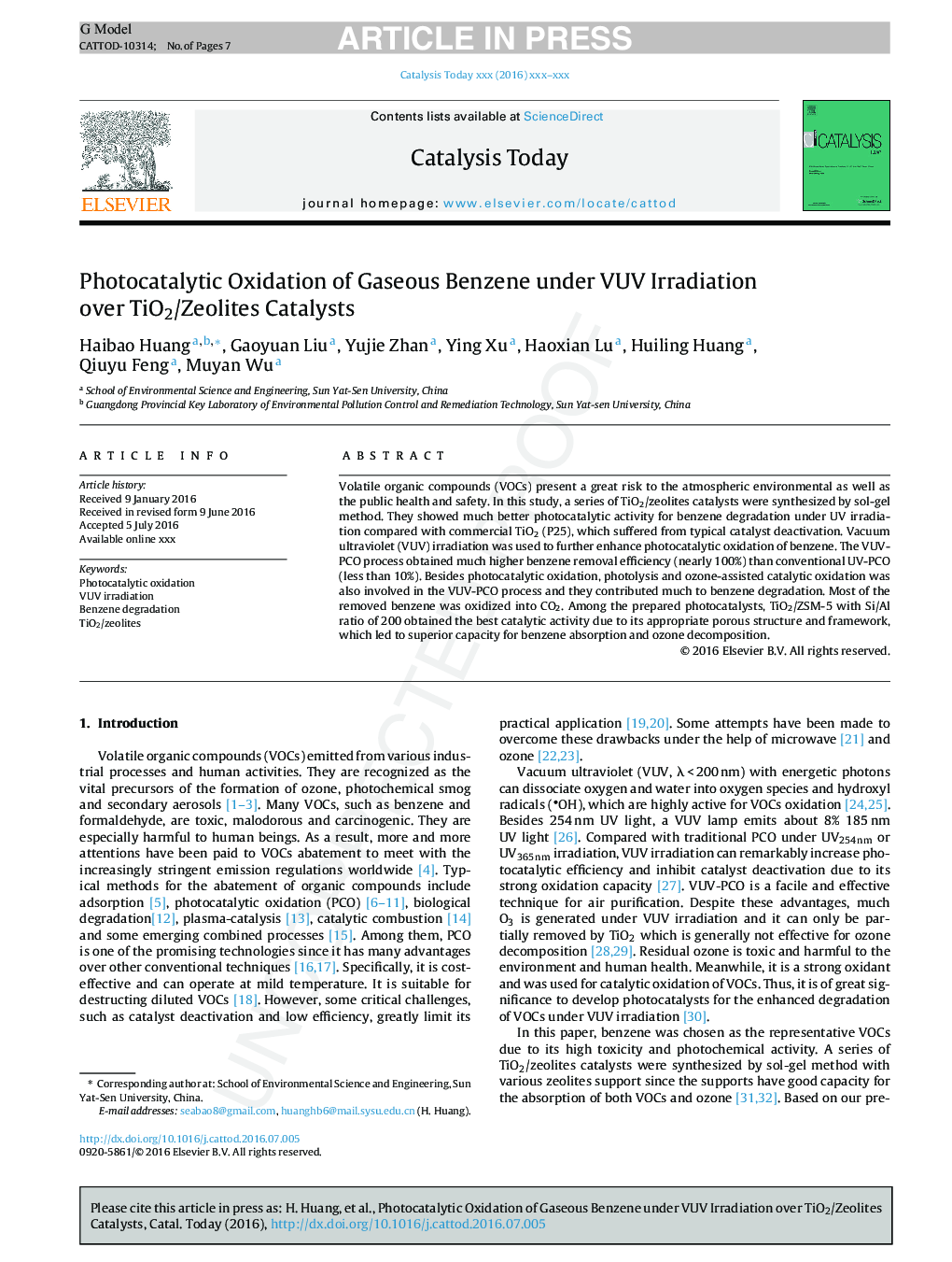 Photocatalytic Oxidation of Gaseous Benzene under VUV Irradiation over TiO2/Zeolites Catalysts