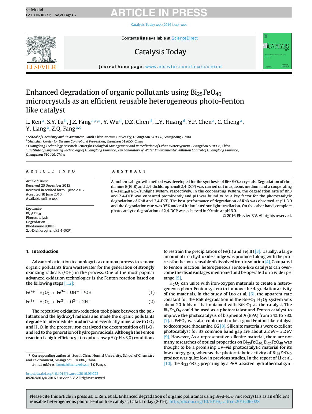 Enhanced degradation of organic pollutants using Bi25FeO40 microcrystals as an efficient reusable heterogeneous photo-Fenton like catalyst