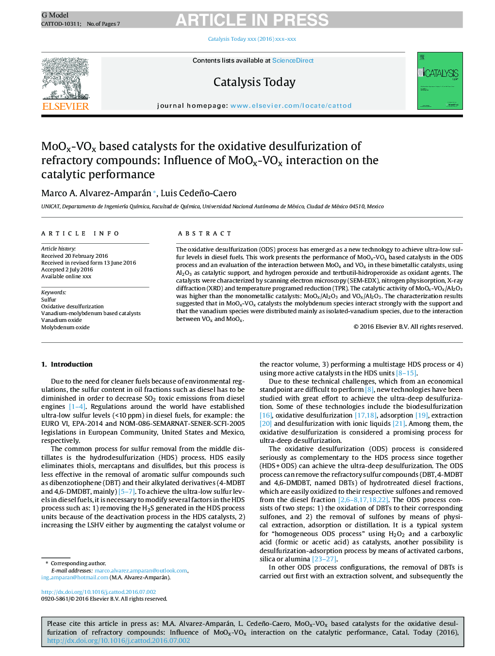 MoOx-VOx based catalysts for the oxidative desulfurization of refractory compounds: Influence of MoOx-VOx interaction on the catalytic performance
