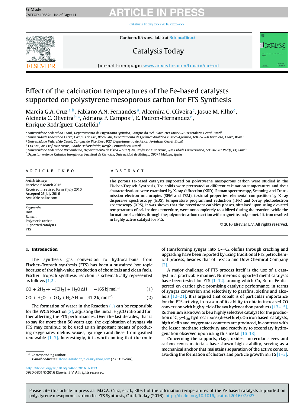 Effect of the calcination temperatures of the Fe-based catalysts supported on polystyrene mesoporous carbon for FTS Synthesis