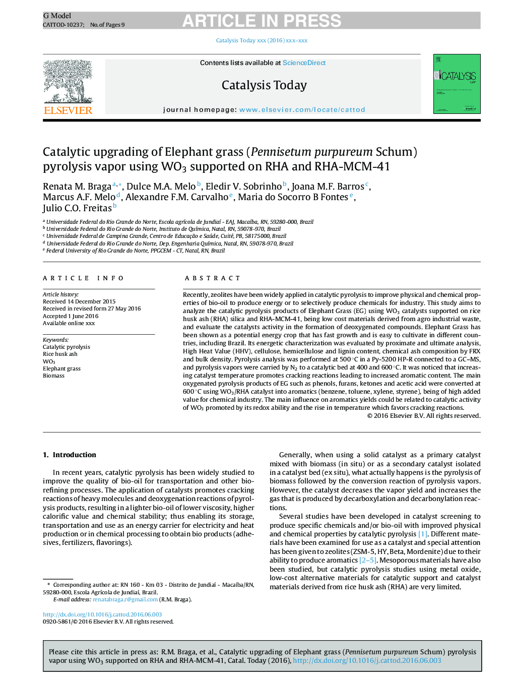 Catalytic upgrading of Elephant grass (Pennisetum purpureum Schum) pyrolysis vapor using WO3 supported on RHA and RHA-MCM-41