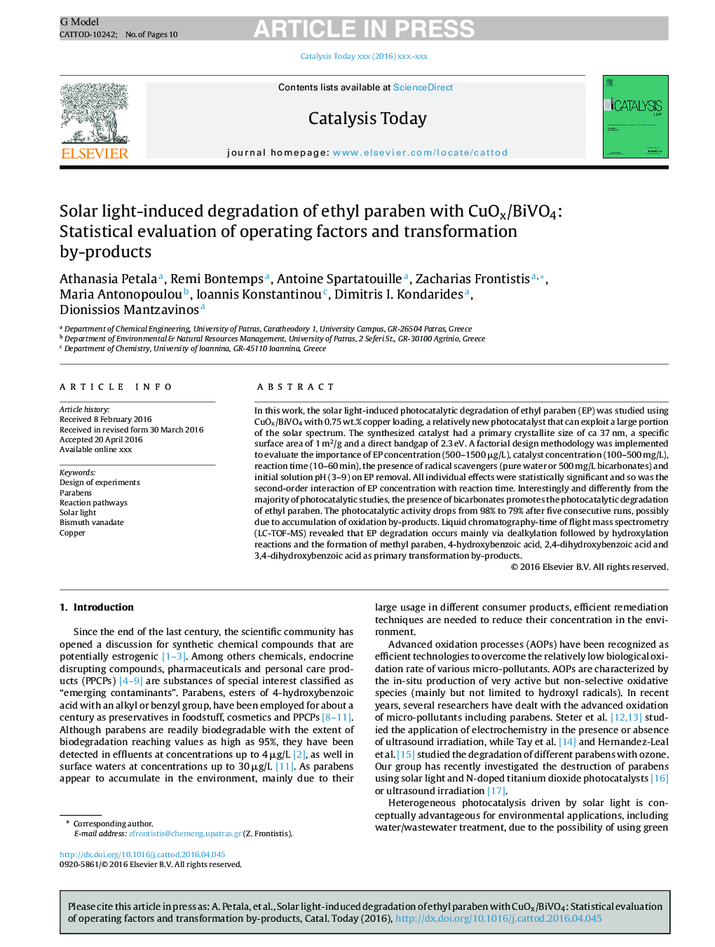 Solar light-induced degradation of ethyl paraben with CuOx/BiVO4: Statistical evaluation of operating factors and transformation by-products