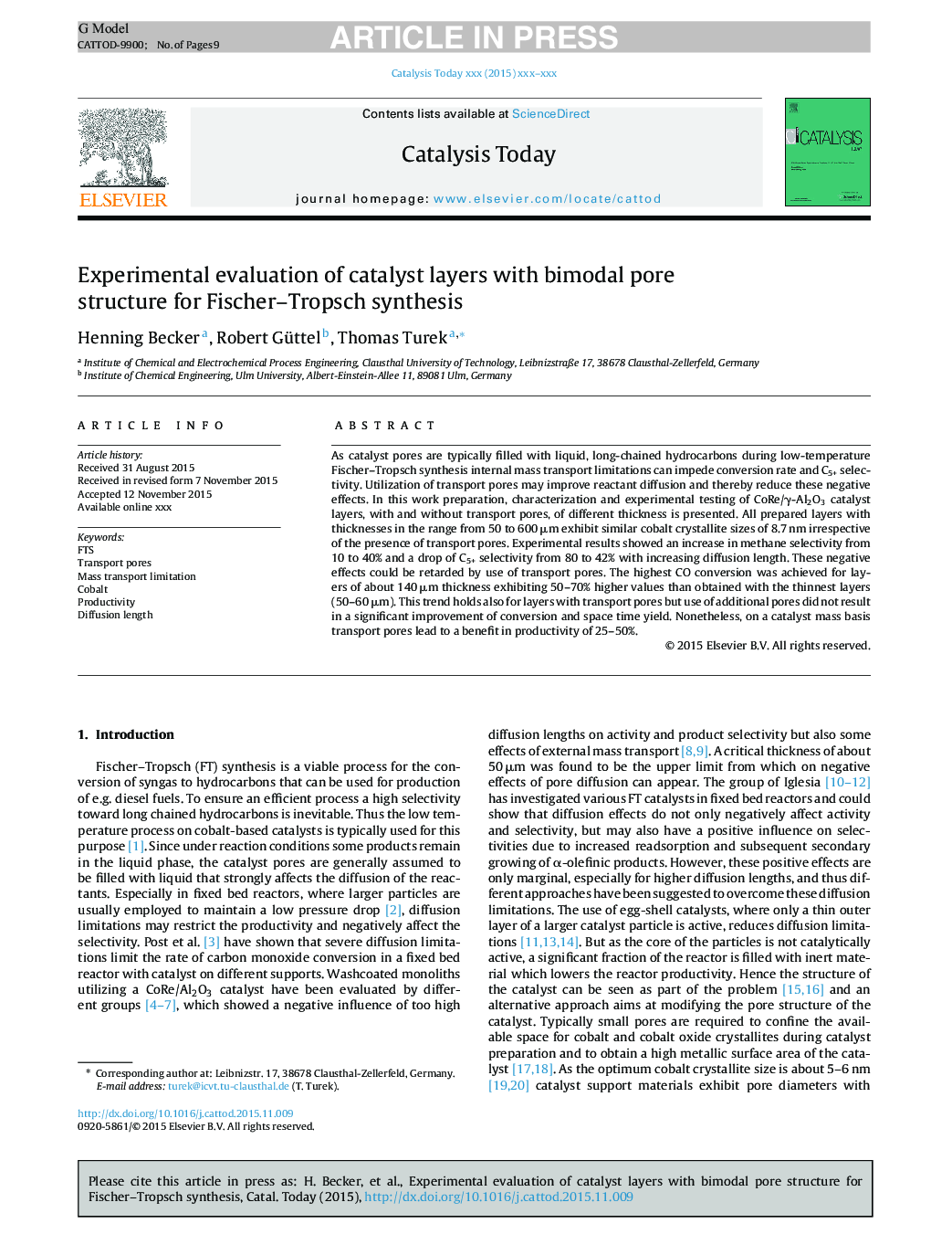 Experimental evaluation of catalyst layers with bimodal pore structure for Fischer-Tropsch synthesis