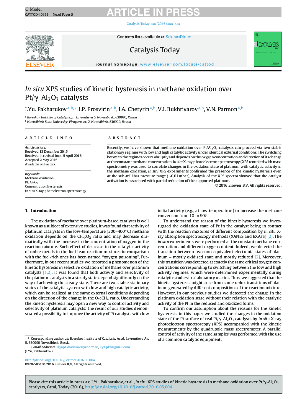 In situ XPS studies of kinetic hysteresis in methane oxidation over Pt/Î³-Al2O3 catalysts