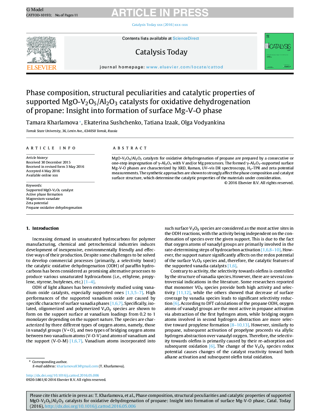 Phase composition, structural peculiarities and catalytic properties of supported MgO-V2O5/Al2O3 catalysts for oxidative dehydrogenation of propane: Insight into formation of surface Mg-V-O phase