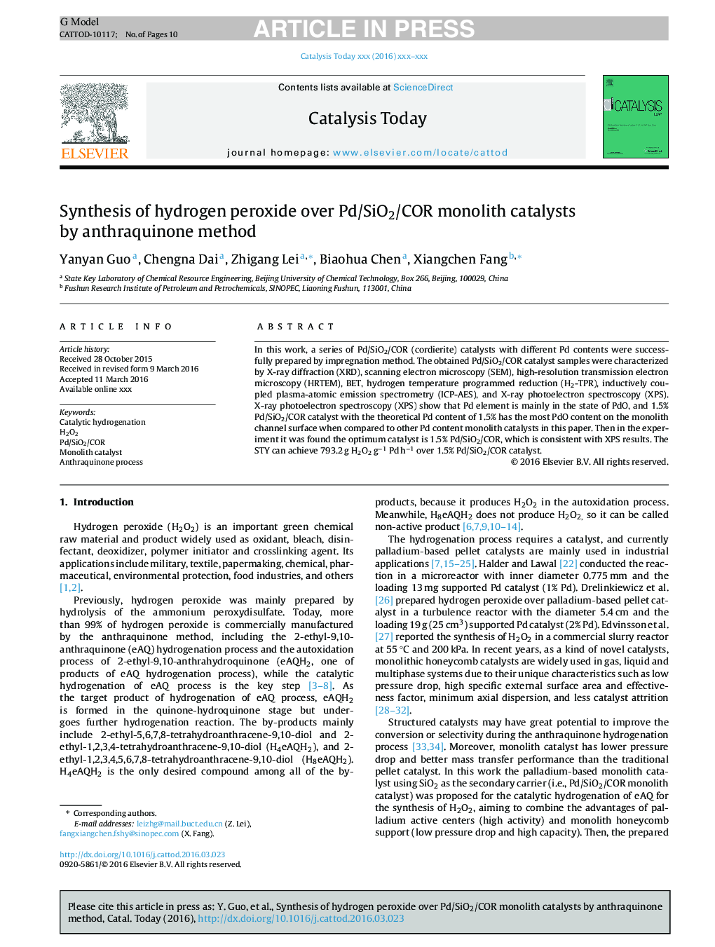 Synthesis of hydrogen peroxide over Pd/SiO2/COR monolith catalysts by anthraquinone method