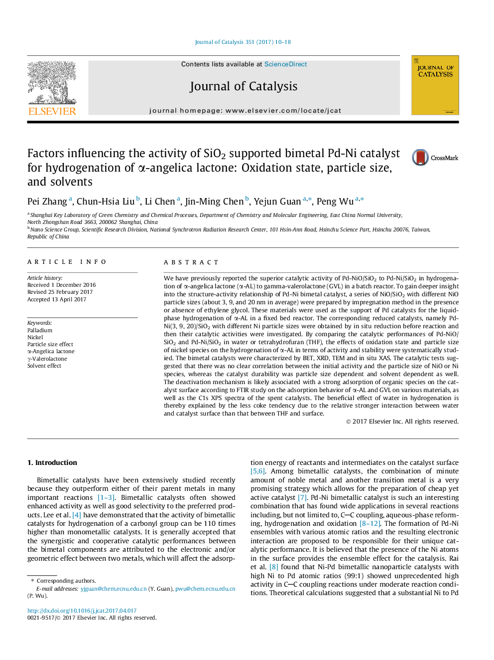 Factors influencing the activity of SiO2 supported bimetal Pd-Ni catalyst for hydrogenation of Î±-angelica lactone: Oxidation state, particle size, and solvents