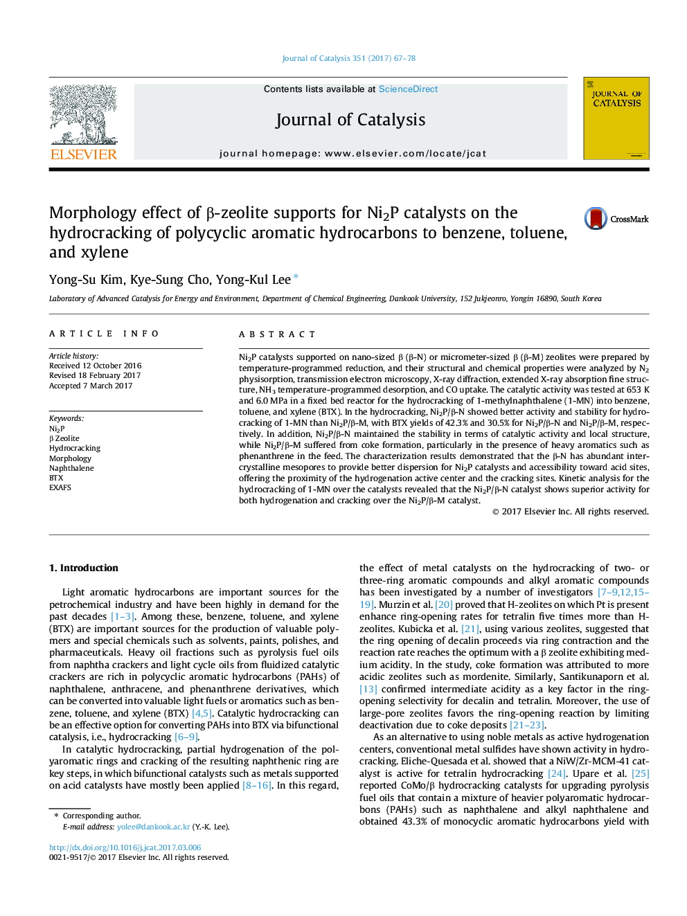 Morphology effect of Î²-zeolite supports for Ni2P catalysts on the hydrocracking of polycyclic aromatic hydrocarbons to benzene, toluene, and xylene