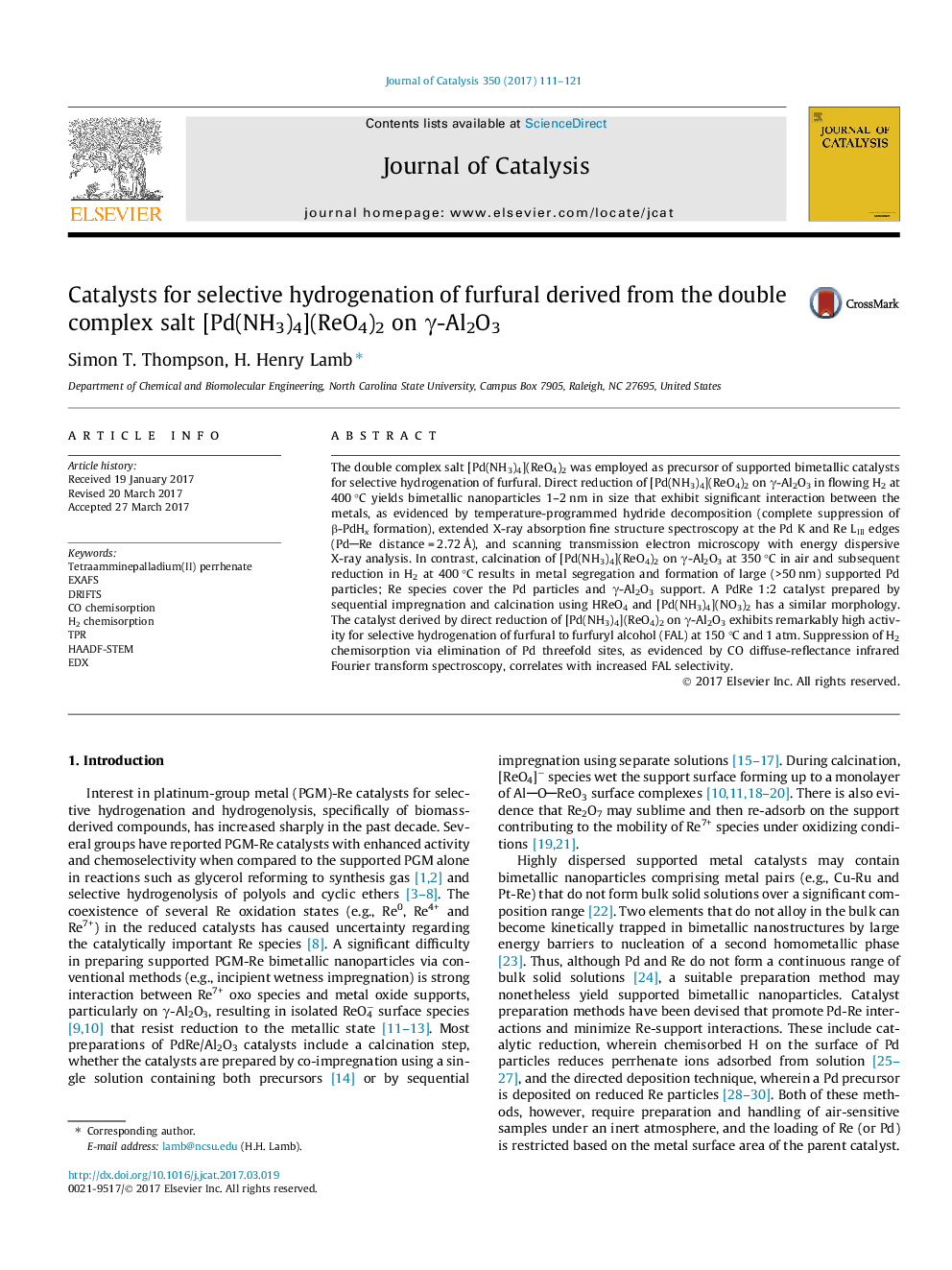 Catalysts for selective hydrogenation of furfural derived from the double complex salt [Pd(NH3)4](ReO4)2 on Î³-Al2O3