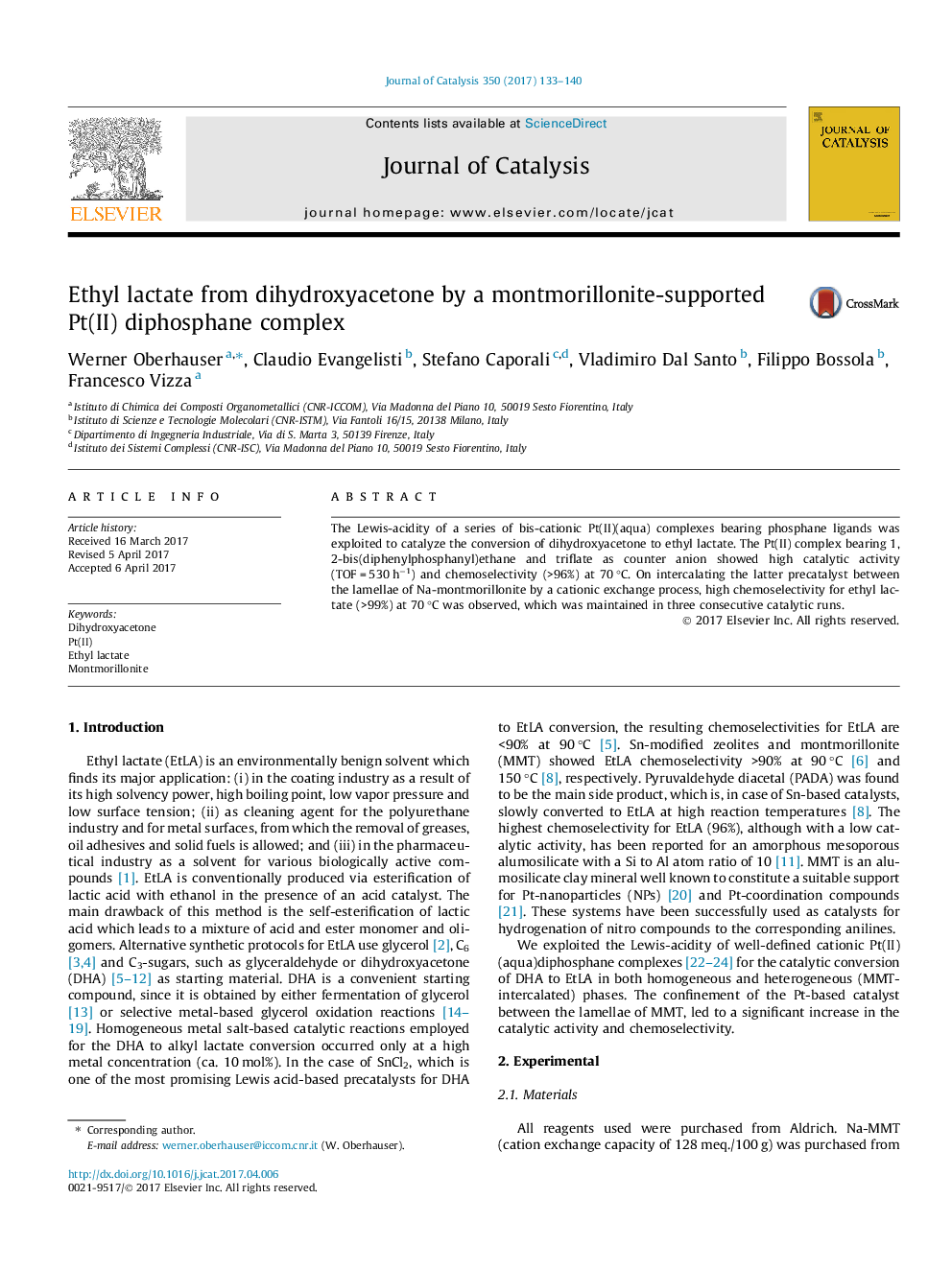 Ethyl lactate from dihydroxyacetone by a montmorillonite-supported Pt(II) diphosphane complex