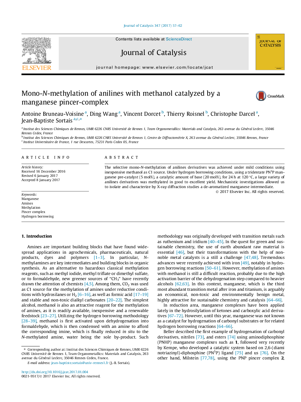 Mono-N-methylation of anilines with methanol catalyzed by a manganese pincer-complex