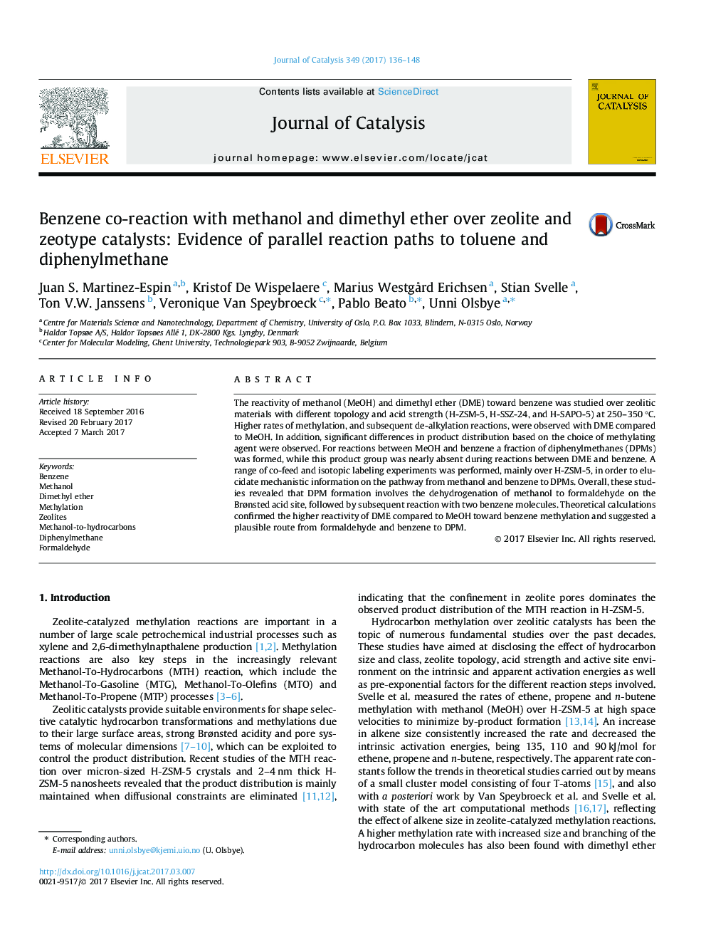 Benzene co-reaction with methanol and dimethyl ether over zeolite and zeotype catalysts: Evidence of parallel reaction paths to toluene and diphenylmethane