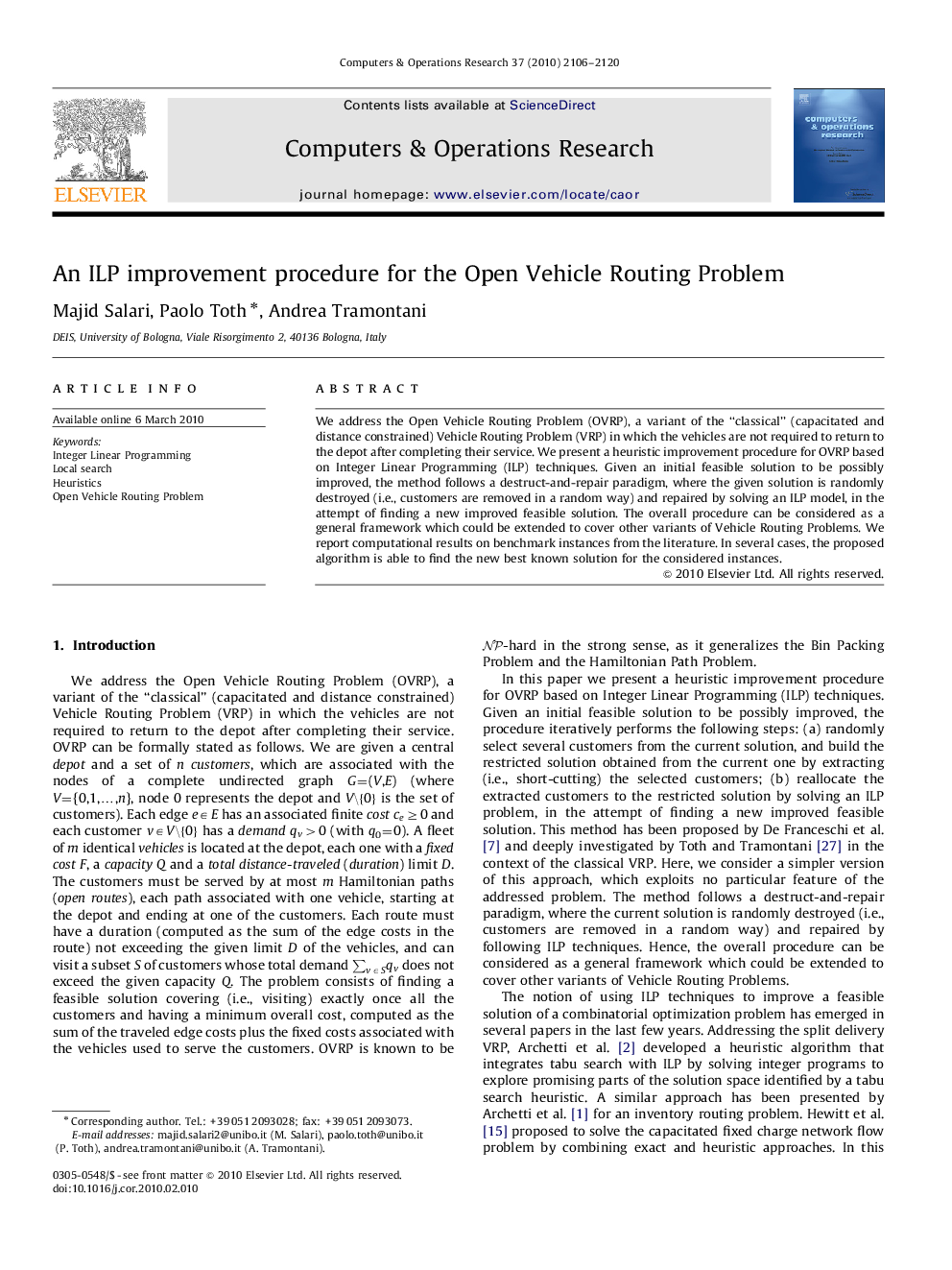 عکس صفحه اول مقاله: An ILP improvement procedure for the Open Vehicle Routing Problem An ILP improvement procedure for the Open Vehicle Routing Problem