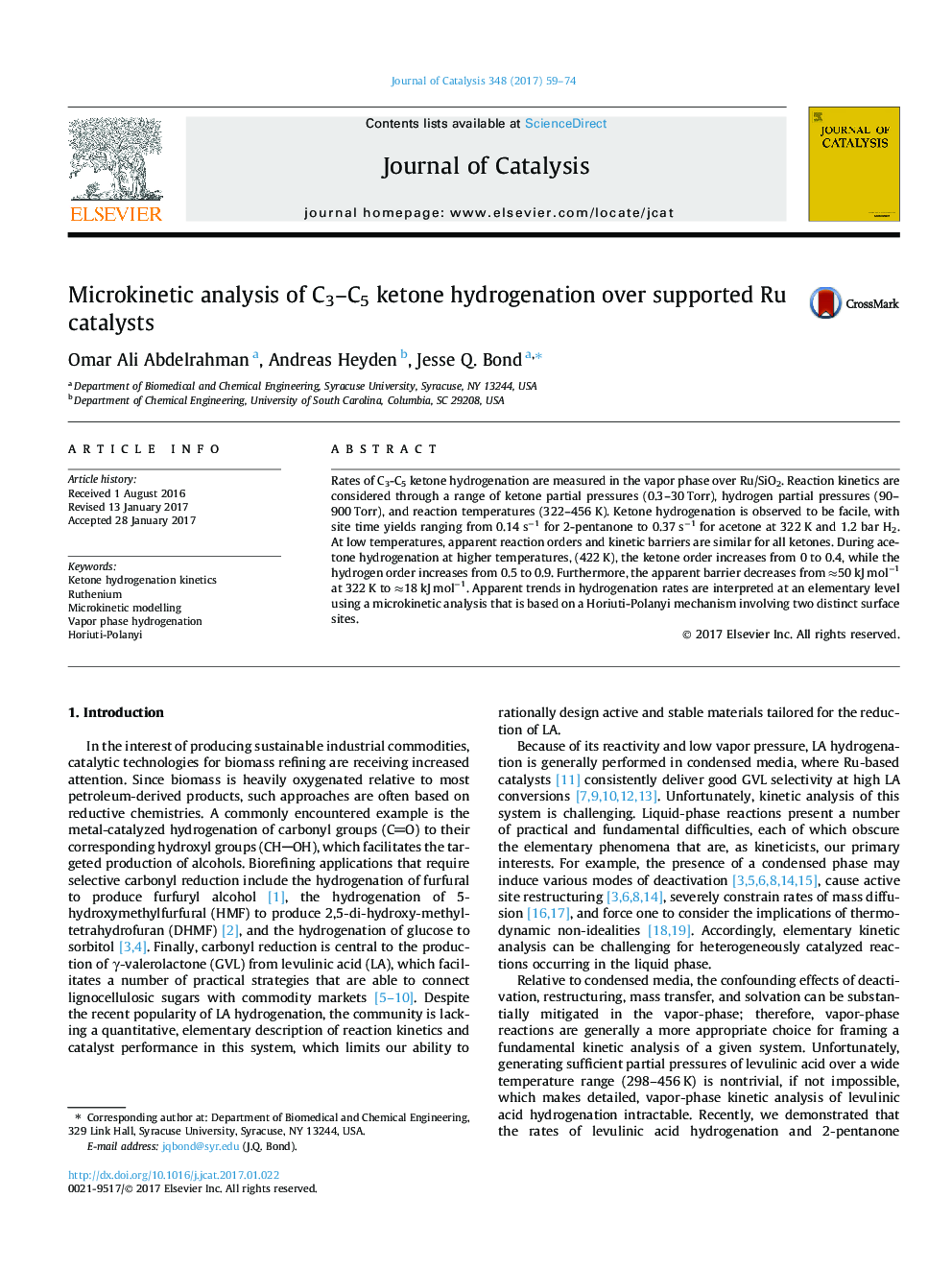 Microkinetic analysis of C3-C5 ketone hydrogenation over supported Ru catalysts