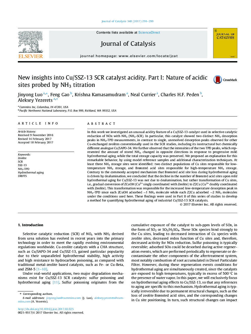 New insights into Cu/SSZ-13 SCR catalyst acidity. Part I: Nature of acidic sites probed by NH3 titration