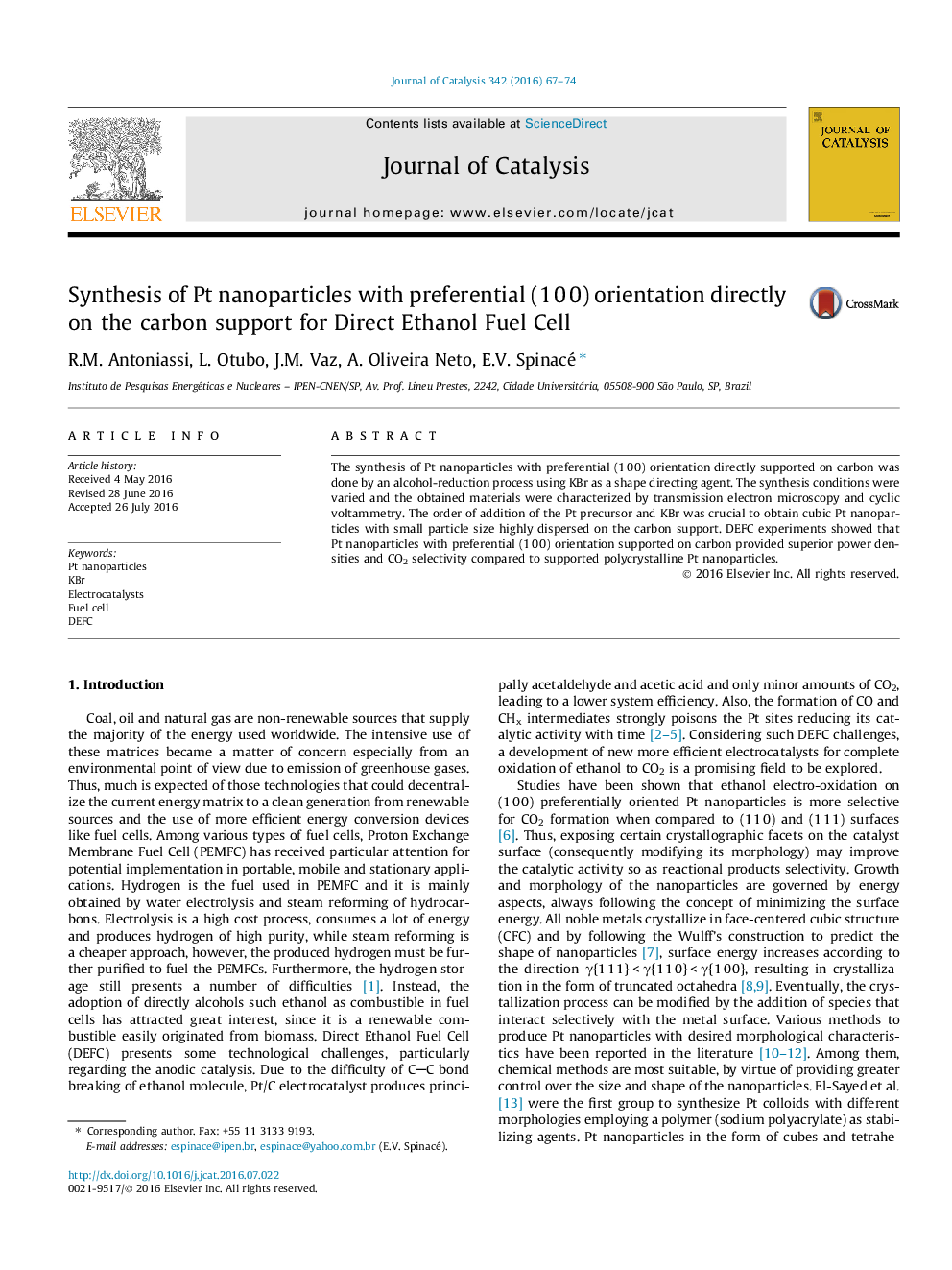 Synthesis of Pt nanoparticles with preferential (1Â 0Â 0) orientation directly on the carbon support for Direct Ethanol Fuel Cell