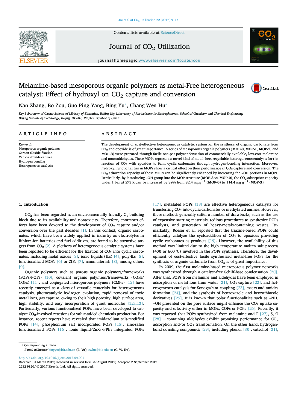 Melamine-based mesoporous organic polymers as metal-Free heterogeneous catalyst: Effect of hydroxyl on CO2 capture and conversion