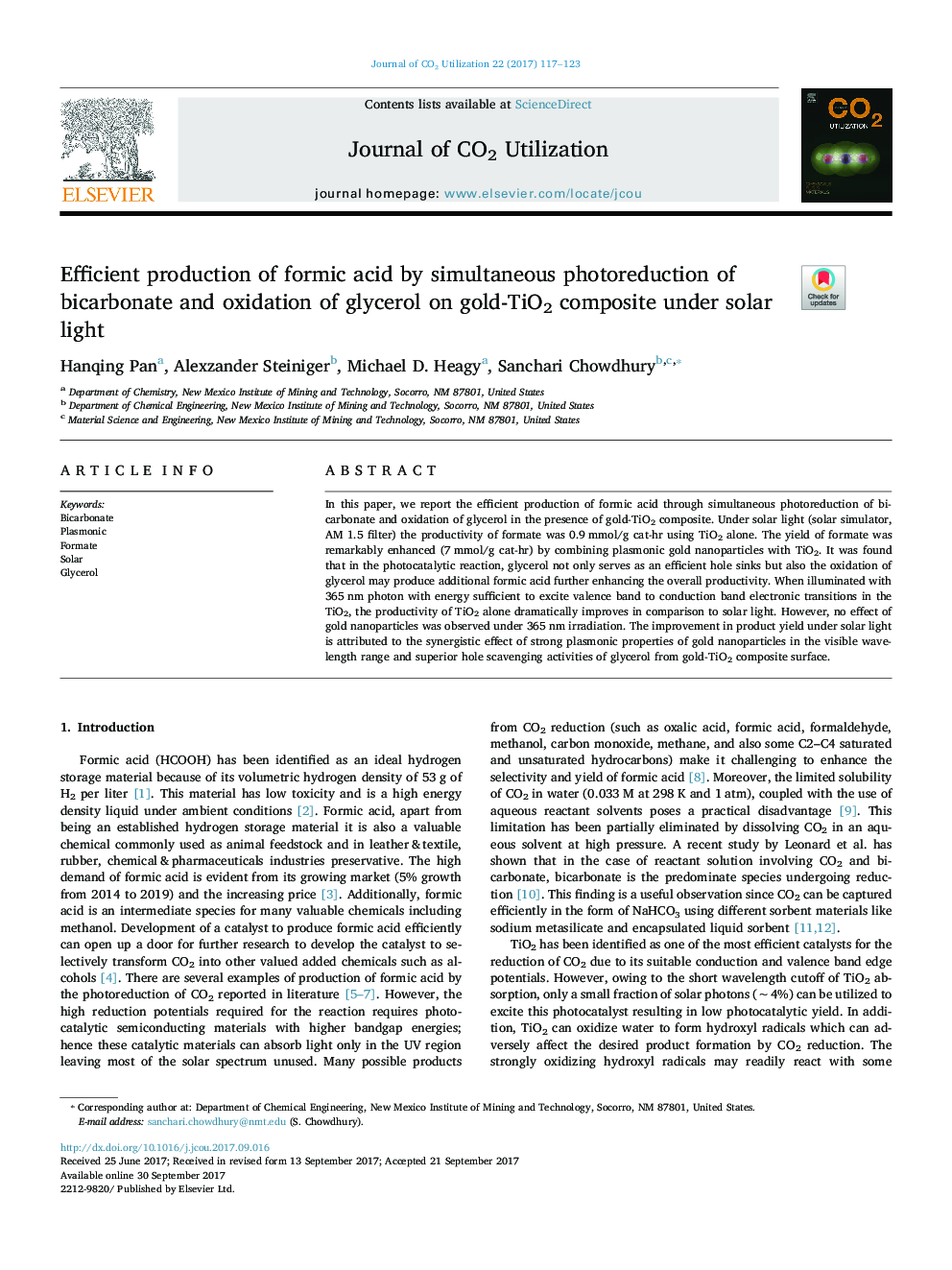 Efficient production of formic acid by simultaneous photoreduction of bicarbonate and oxidation of glycerol on gold-TiO2 composite under solar light