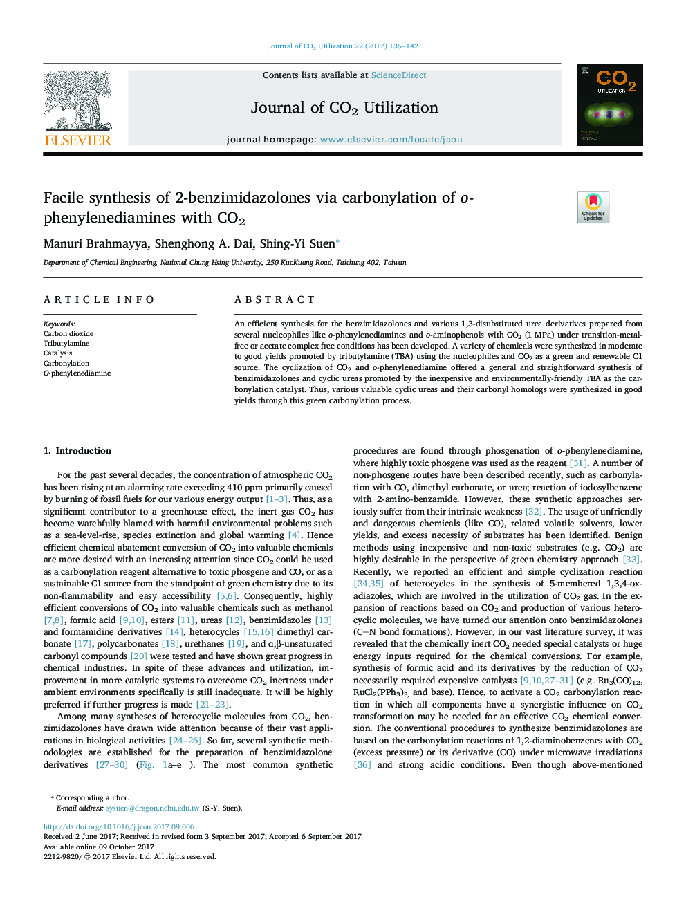 Facile synthesis of 2-benzimidazolones via carbonylation of o-phenylenediamines with CO2