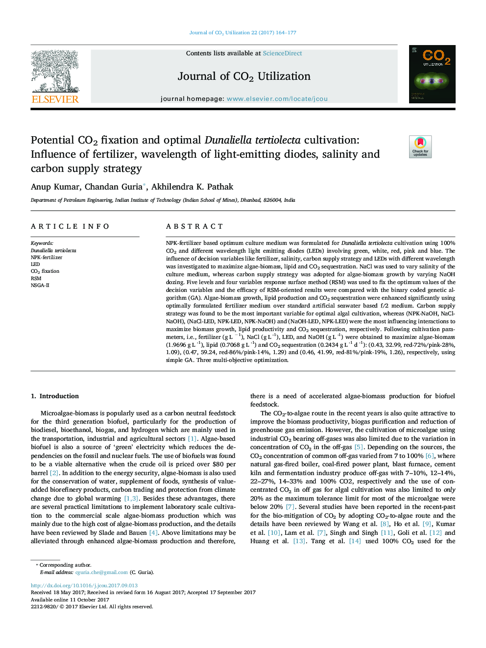 Potential CO2 fixation and optimal Dunaliella tertiolecta cultivation: Influence of fertilizer, wavelength of light-emitting diodes, salinity and carbon supply strategy