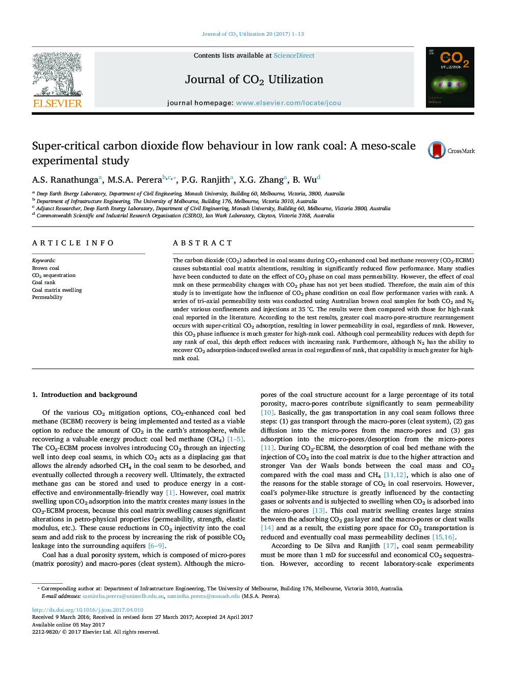 Super-critical carbon dioxide flow behaviour in low rank coal: A meso-scale experimental study